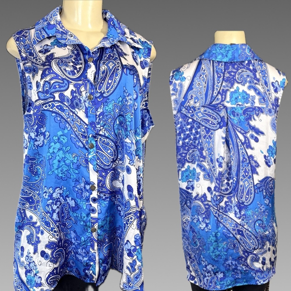 Apropos Women's Blue White Paisley Floral Sleeveless Button Front Collar Blouse